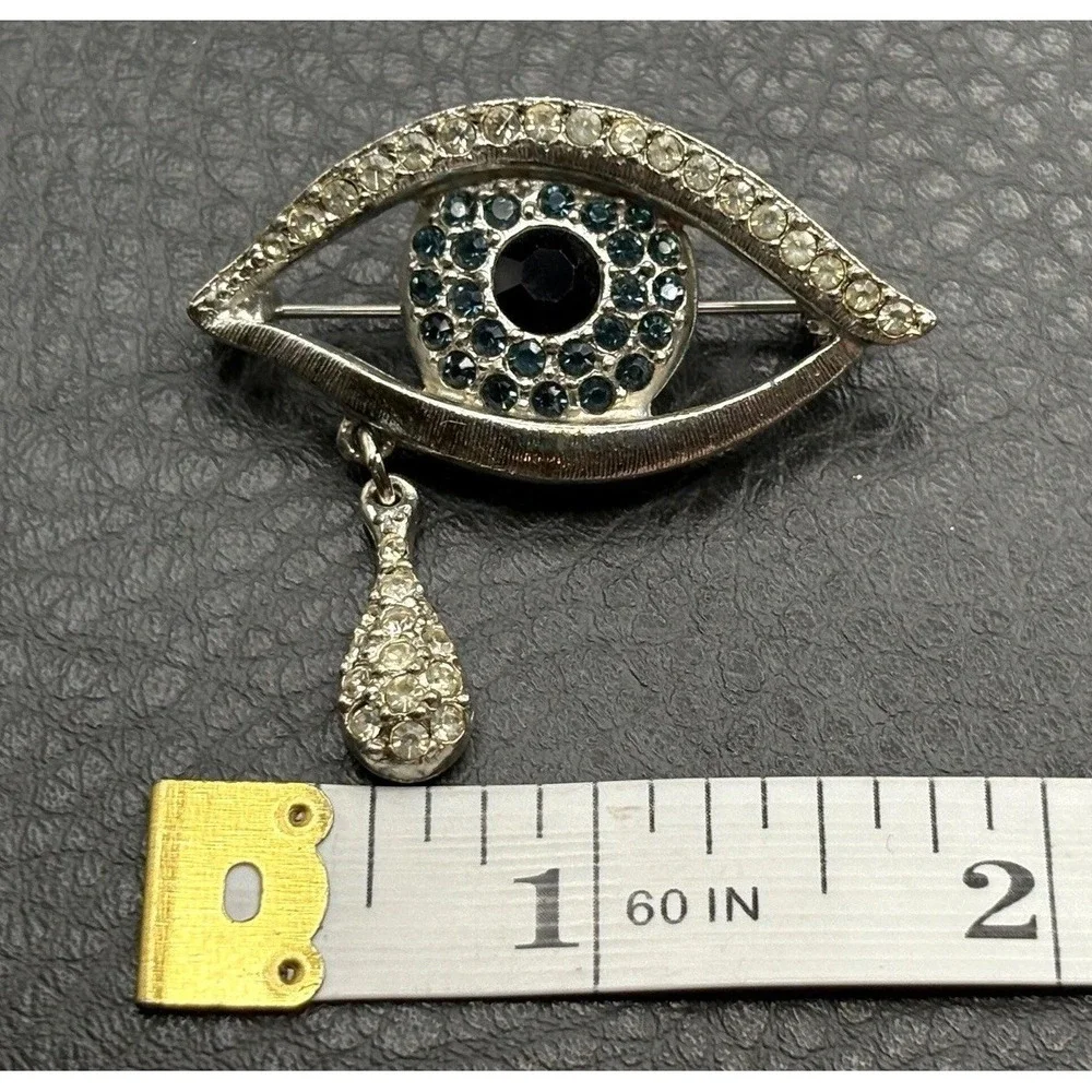 Vintage Crystal Eye Teardrop Crying Brooch Silver Tone Black Blue Rhinestone Pin
